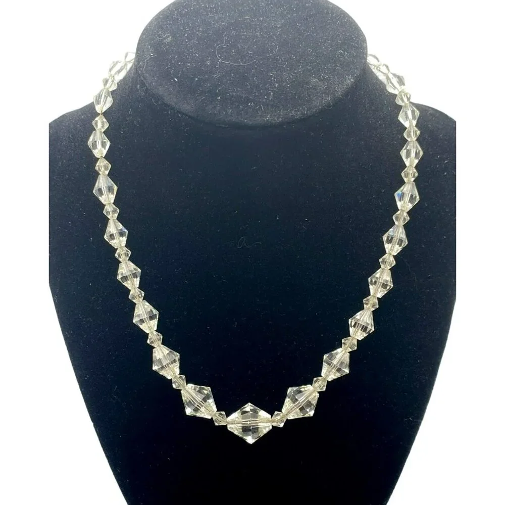 Vintage Faceted Crystal Art Deco Sterling Silver Graduated Bead Necklace 16" - Picture 9 of 9